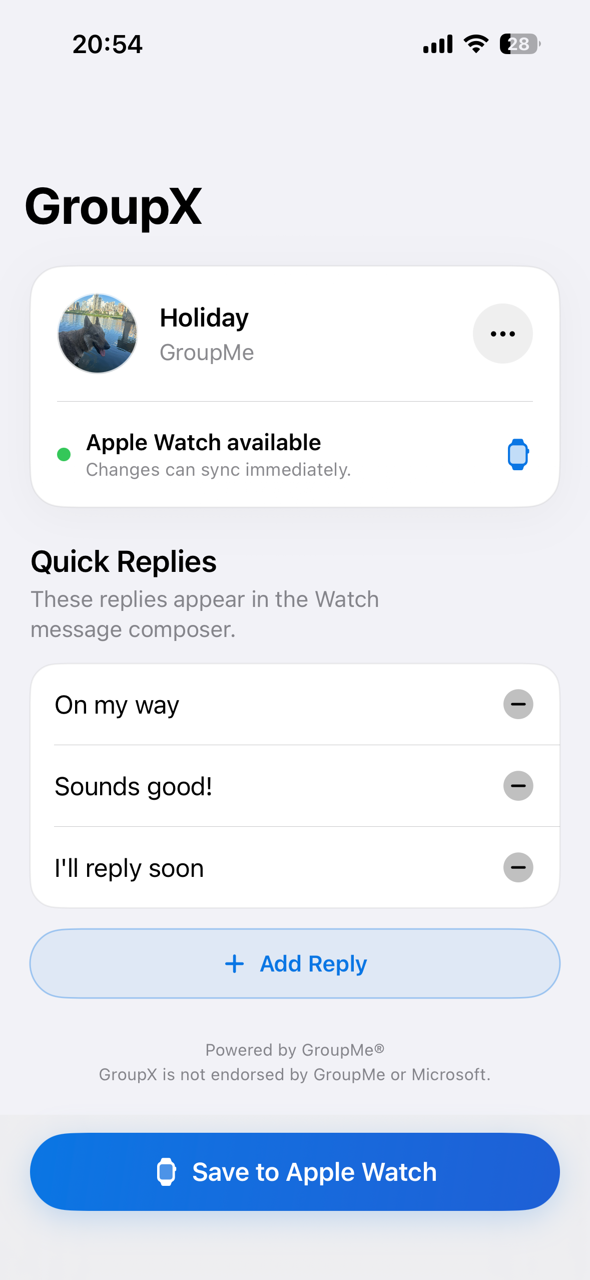 GroupX iPhone home screen with group status and quick replies