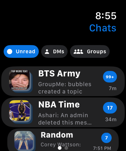 GroupX group chat list on Apple Watch